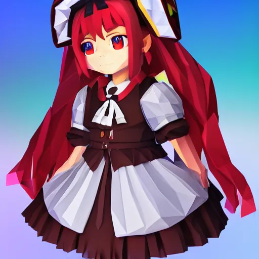 Image similar to ultra low poly modelling, clean graphics, isometric view, 1 6 bit colors, from touhou, made in rpg maker, right side of chibi girl, brown jacket with long sleeves, pigtails hair, volumetric lighting, fantasy, intricate, hyper realistic, by blizzard, warcraft 3, backlit