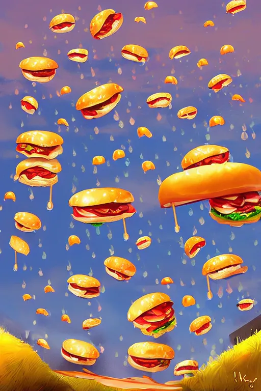 Image similar to hamburgers raining from the sky, digital art, artstation trending, digital painting