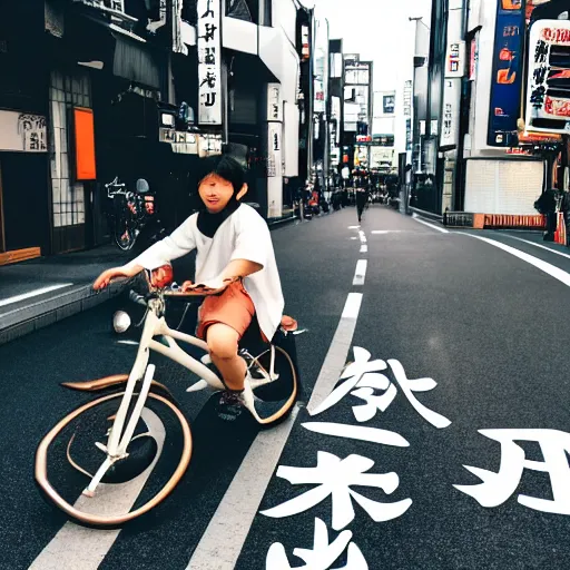 Image similar to a dragon riding a bike in the streets of tokyo