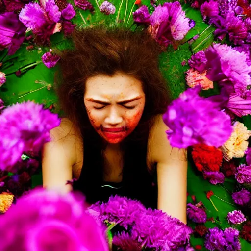 Image similar to epic warrior dying with flowers, sharp focus, hd