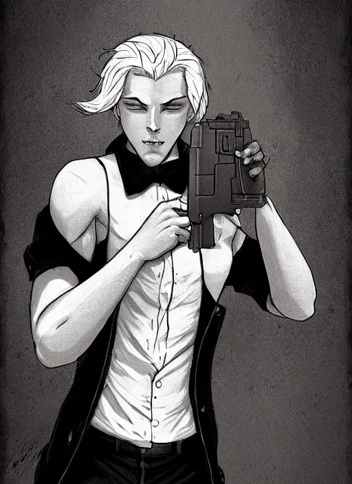 Image similar to aesthetic portrait commission of a of a male fully furry muscular anthro albino lion holding a glock close to his head wearing attractive brown and black cotton detectives outfit in vintage 1900's London city, sepia filter. Character design by charlie bowater, ross tran, artgerm, and makoto shinkai, detailed, inked, western comic book art, award winning film poster painting