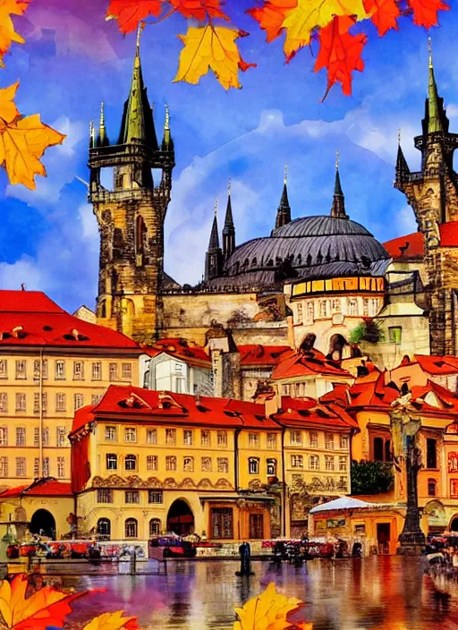 Image similar to painting of beautiful shot of Royal medieval European city like Prague mixed with Istanbul like Islamic architecture with greenery all around , autumn colors