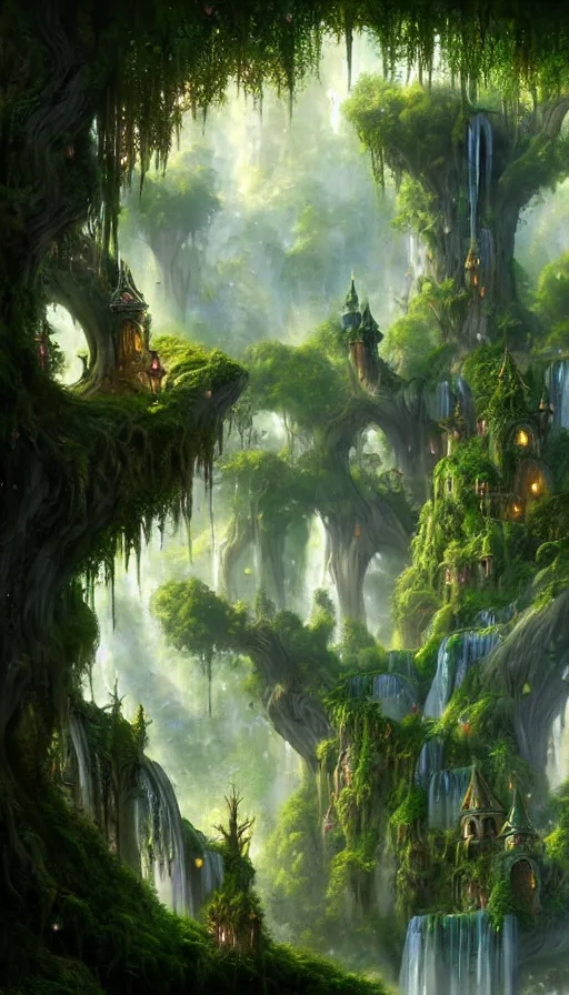 Prompt: fairy palace, castle towers, waterfall of gold and gems, gnarly trees, lush vegetation, forest landscape, painted by tom bagshaw, raphael lacoste, eddie mendoza, alex ross concept art matte painting