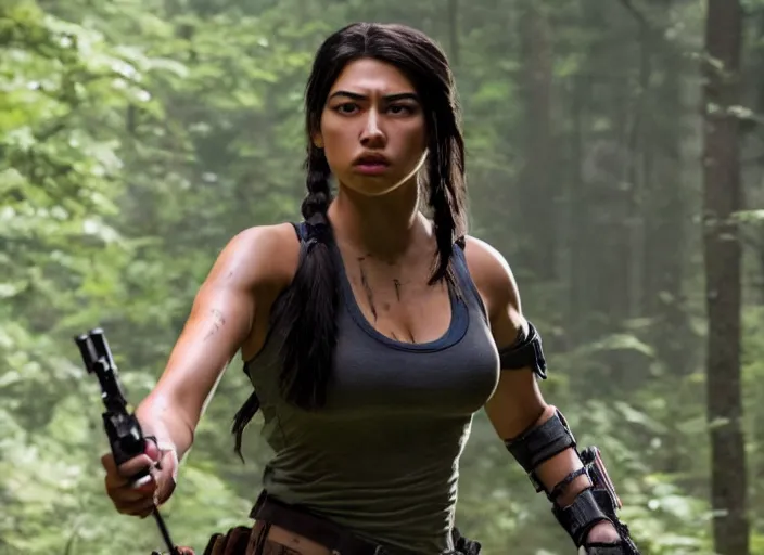 Image similar to film still of!!!! amber midthunder!!! as lara croft in new tomb raider movie, 8 k