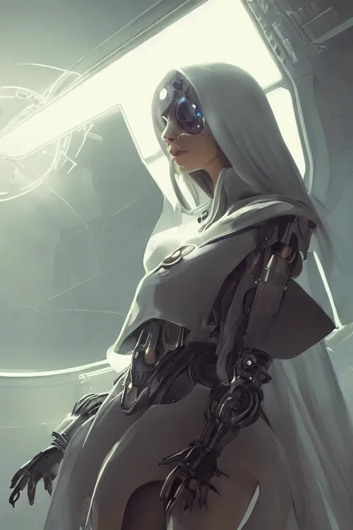 Image similar to beautiful cyborg priestess, scifi, perfect face, futuristic, elegant cape, aura of light, glow, nier automata, concept art, decorations, sharp focus, inside a space ship, trending on artstation, hwang se - on, intricate, advanced technology, art by roman makarenko