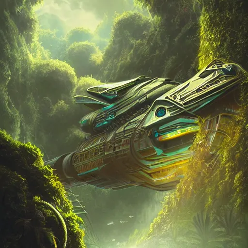 Image similar to legendary space ship, jungle planet, tropical, green forest, alien technology, cinematic, highly detailed, large blue engines, scifi, yellow windows and details, hyper realism, intricate digital painting, mechanics, red glow, gigantic landing pad, scifi base, artstation, by johnson ting, jama jurabaev