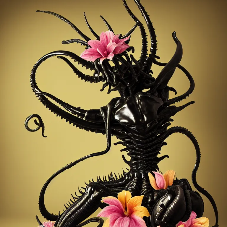 Prompt: still life of black xenomorph, beautiful pastel color tropical flowers, glossy metallic human spine, spiky tentacles, tropical fruit, human body parts, colorful mold, baroque painting, beautiful detailed intricate insanely detailed octane render, 8K artistic photography, photorealistic, perfect composition, golden ratio, chiaroscuro, Raphael, Caravaggio