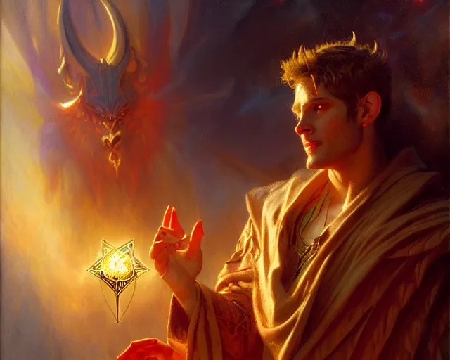 Image similar to attractive male deity, casting demonic magic, summoning handsome lucifer morning star. highly detailed painting by gaston bussiere, craig mullins, j. c. leyendecker 8 k