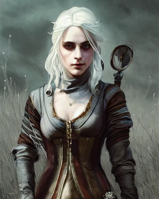 Image similar to Pre-Raphaelite Ciri from Witcher 3 by Artgerm and Greg Rutkowski, wearing haute couture by schiaparelli, sharp focus, sun rays, intricate, elegant, highly detailed, digital painting, masterpiece.