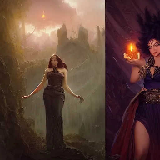 Image similar to a villainous, bewitching sorceress, auburn outfit, black hair, curvy crossfit build, fantasy portrait by greg rutkowski, gaston bussiere, larry elmore