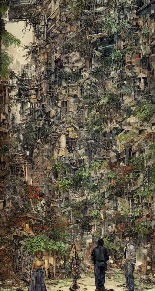 Image similar to on the street of abandoned town 2 people standing huddled together with spiny giant plants bursting through them, surreal, very coherent, intricate design, painting by Yoji Shinkawa, part by Norman Rockwell