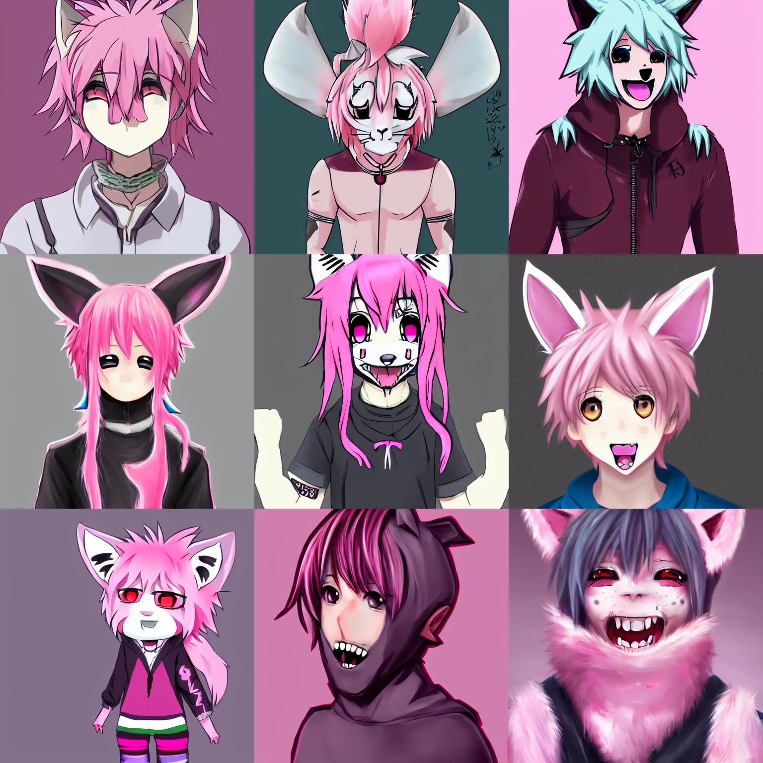 Prompt: cute anime boy with pink hair and pink wolf ears, happy, fangs, piercings, wearing collar and kigurumi, artstation, deviantart, digital art, highly detailed