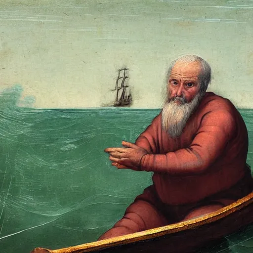 Image similar to a renaissance oli painting of an old man in a skiff at sea. The old man is the center of the painting, and the focus of the composition. He is shown in profile, with his back to the viewer. He is leaning back, using all his strength to reel in the marlin. His face is sweaty and strained, and his arms are shaking. The marlin is huge, and its body is thrashing around in the water. The boat is small and insignificant compared to the marlin, and it is being pulled towards the fish. The painting is rendered in a realistic style, with accurate details and lifelike colors. The brushwork is loose and expressive, conveying the movement and energy of the scene. The overall effect is one of drama and suspense. The water in the painting is a deep blue color. It is choppy and turbulent, reflecting the struggle of the old man and the marlin.