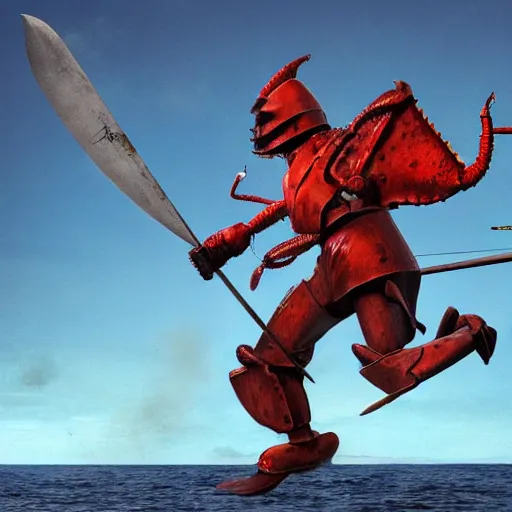 Image similar to a photo of the Lobster Knight walking onto an old run down sailship with a claw arm and a human arm holding a sword, 8k, hyper realistic,fine details, foreboding