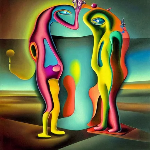 Prompt: a hd surrealism painting of a 3d cast glass galactic neon complimentary colored cartoon surrealism melting creature by kandsky and salvia dali the fourth, salvador dali's much much much much more talented painter cousin, 4k, ultra realistic