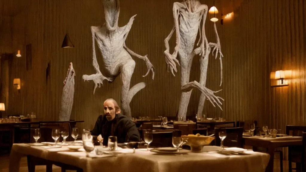 Image similar to the tall strange creature in the restaurant, film still from the movie directed by Denis Villeneuve with art direction by Salvador Dalí, wide lens