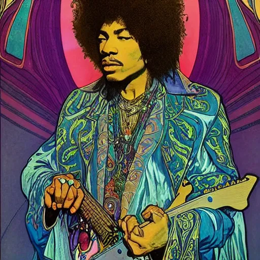 Prompt: “colorfull artwork by Franklin Booth and Alphonse Mucha and Moebius showing a portrait of Jimi Hendrix as a futuristic space shaman”