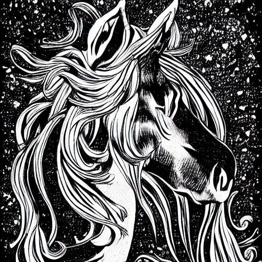 Prompt: unicorn, Line art, black ink, By Marc Gabbana, trending on artstation