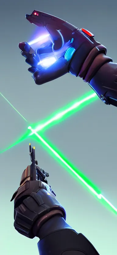 Image similar to “ hand in glove holding laser gun from the side, cinematic, digital art, fortnite style, award winning ”