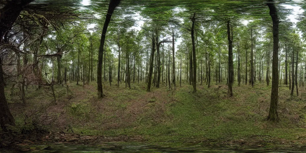 Image similar to a 360 photograph of a scary forest