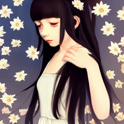 Prompt: little girl with her long black hair dressed in a simple white dress putting flowers on hair, anime art style, digital artwork made by ilya kuvshinov, inspired in balthus