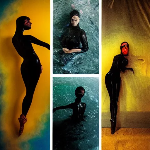 Image similar to two abstract beautiful female body silhouettes, beautiful acrylic fluid portrait, photography by amy leibowitz, renaissance painting, black latex female balaclava, female calendar, ballerina body covered with black water, underwater, old victorian room with glowing globes, close up portrait, cinematic still, film still, magic hour, dark shadows, fashion portrait, cold colors, long exposure,