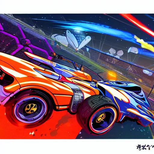 Image similar to prompt : rocket league soft light painted by james jean and katsuhiro otomo and erik jones, inspired by akira anime, smooth face feature, intricate oil painting, high detail illustration, sharp high detail, manga and anime 1 9 9 9