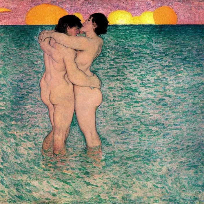 Image similar to close view of woman and man kissing halfway in the water. great, tall waves, sun setting through the storm clouds. iridescent, vivid psychedelic colors. painting by bonnard, felix vallotton, egon schiele, henri de toulouse - lautrec, utamaro, monet