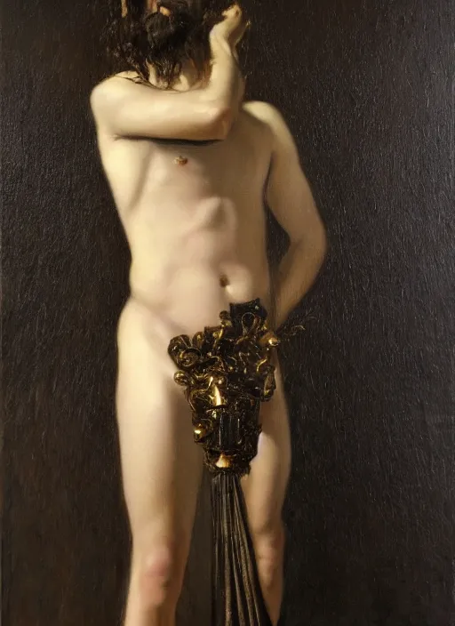 Prompt: highly detailed oil painting | very intricate | cinematic lighting | black, white and gold color scheme, dark background | a man dressed by alexander mcqueen | by roberto ferri, by gustav moreau, by singer sargent and klimt, american romanticism, occult art | by austin osman spare, artstation, cgsociety, official art, octane