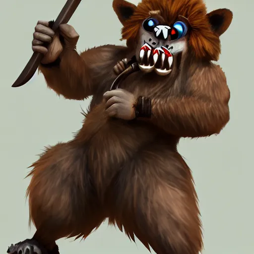 Prompt: Portrait of Grinning Gnoll with a scythe in its hand and brown fur. In style of Hyung-tae Kim, concept art, trending on ArtStation, Korean MMORPG.