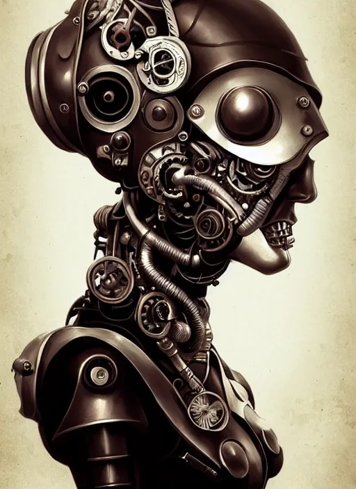 Prompt: portrait of a steampunkkkkk robot woman turn her head in 1810 by Artgerm, biomechanical, hyper detailled, trending on artstation