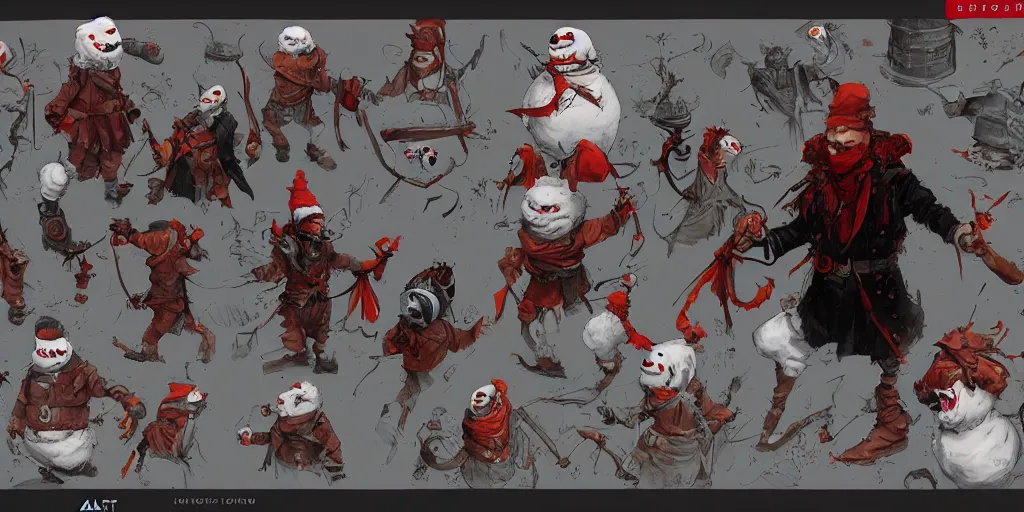 Prompt: evil snowman, colorful, character sheet, concept design, contrast, kim jung gi, greg rutkowski, zabrocki, karlkka, jayison devadas, trending on artstation, 8 k, ultra wide angle, pincushion lens effect