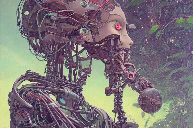 Image similar to gigantic robot - girl head floating in the space, a lot of exotic plants, trees, flowers, oldschool vintage sci - fi flat surreal grainy design, super - detailed, oil painting by moebius, hd, 4 k, high quality