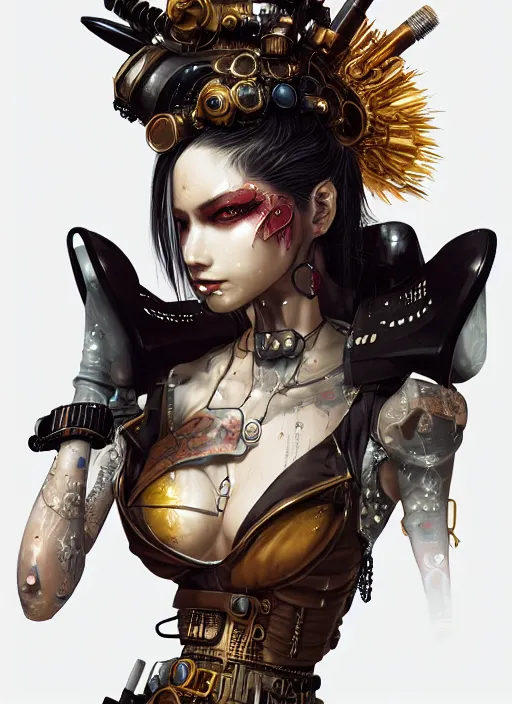 Image similar to soft lustrous ebony geisha seductive raver gutter punk steampunk cyborg, yakuza, golden ratio, details, scifi, fantasy, cyberpunk city, intricate, decadent, highly detailed, octane render, digital painting, artstation, concept art, sharp focus, illustration, art by artgerm, loish, wlop