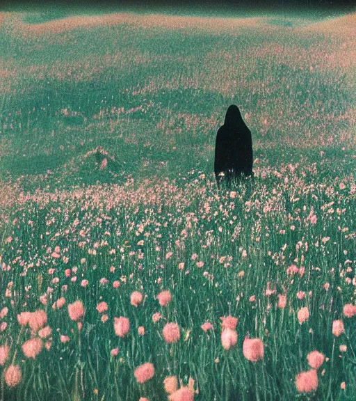 Image similar to mystical death god standing in tall meadow of flowers, distant, vintage film photo, grainy, high detail, high resolution