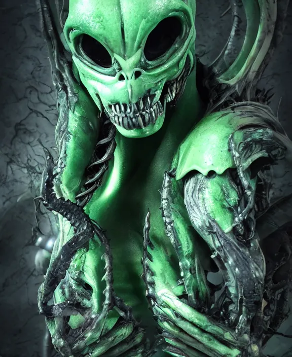 Image similar to xenomorph queen goth model skull eyes hybrid, dragon eggs, dark emerald mist colors, giger background liminal void, cinematic lighting, realistic, award winning photograph, various refining methods, micro macro autofocus