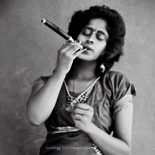 Prompt: portrait of a sri lankan woman smoking cigarette, vintage photo in 8 0's style