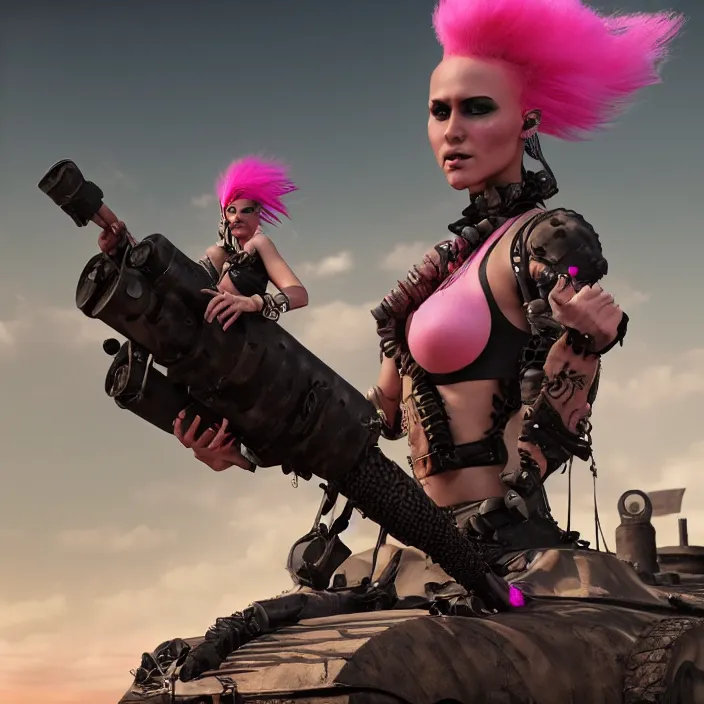 Image similar to beautiful apocalyptic woman with pink Mohawk, standing on mad max panzer tank, 4k ultra hd, fantasy dark art, smooth, artstation, octane render