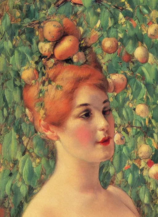 Prompt: vintage beautiful painting of a woman with many pears covering her hair in Mary Cassatt style