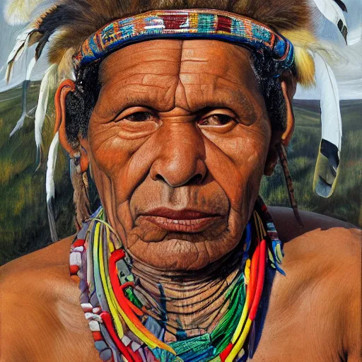 Image similar to high quality high detail painting by lucian freud, hd, portrait of a indigenous tribe leader with feathers, photorealistic lighting