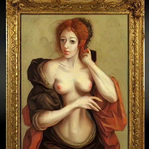 Image similar to renaissance oil painting, rococo, manga skinny creepy female painting like a mad woman