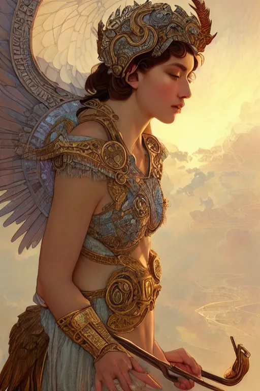 Image similar to portrait goddess athena with wings, in ruined Agora of Athens Sunrise, ssci-fi and fantasy, intricate and very beautiful and elegant, highly detailed, digital painting, artstation, concept art, smooth and sharp focus, illustration, art by tian zi and WLOP and alphonse mucha