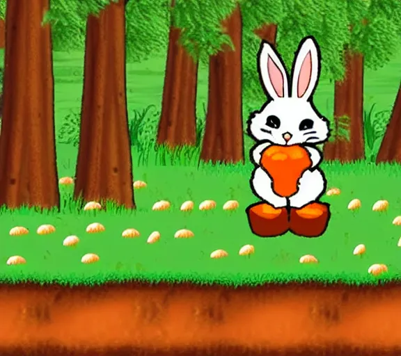 Image similar to a bunny holding a carrot in a forest, screenshot of a 1994 PS1 game