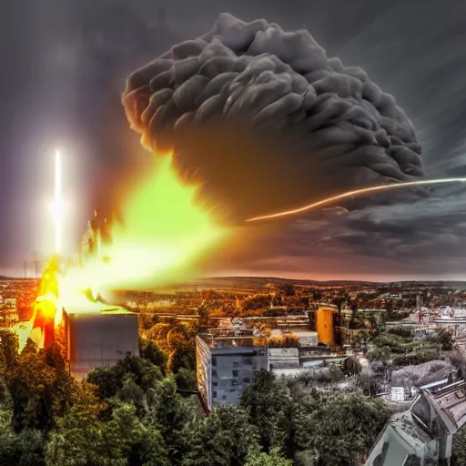 Image similar to A huge missile hits Oslo, Nuclear Explosion, Realistic, HDR, Real Event, HDD, Ultra Lightning,