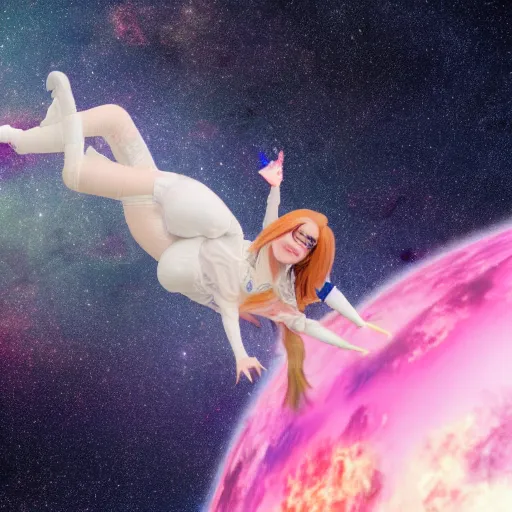 Prompt: photo realistic photo of belle delphine posing in space