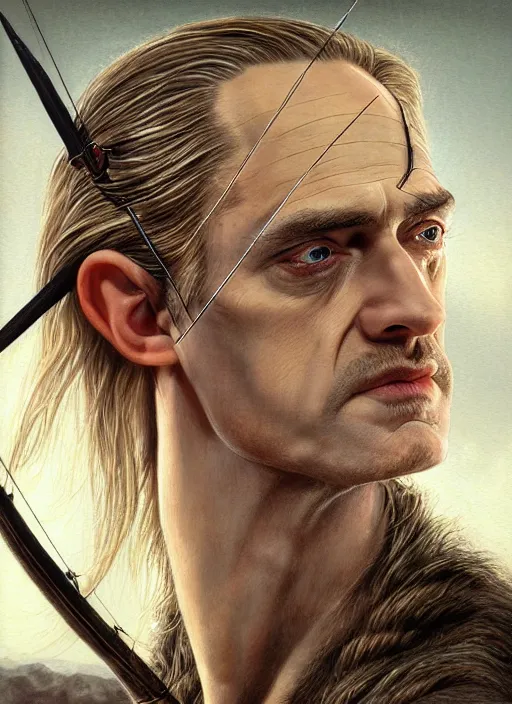 Prompt: portrait of steve buscemi as legolas, action shot, elven archer, by alan lee, lord of the rings, smooth, detailed terrain, oil painting, matte painting, concept art, trending on artstation, promotional artwork, film still, elegant, photorealistic facial features, intricate, detailed face, cinematic lighting
