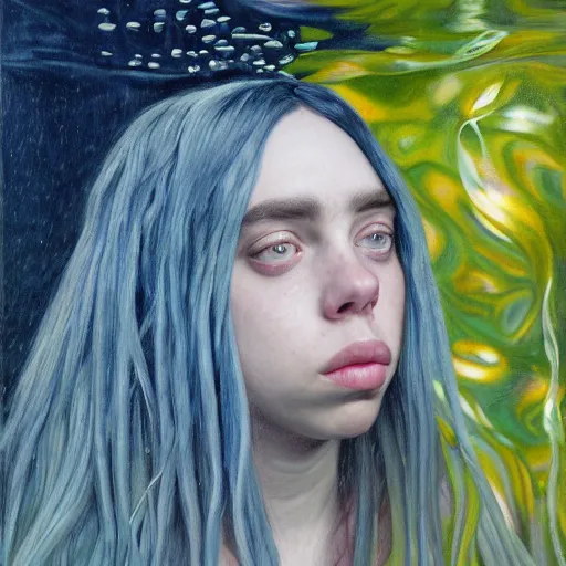 Prompt: portrait painting of billie eilish underwater by alyssa monks