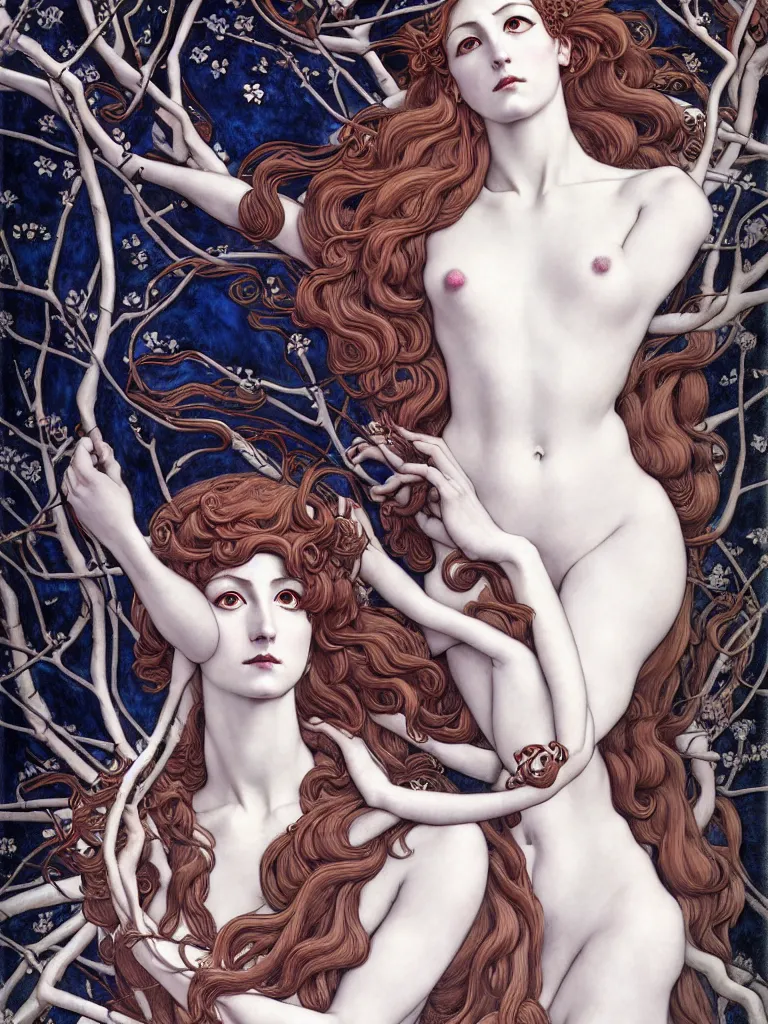 Prompt: goddesses symbolizing the 3 winter months, somber mood, style mix of æon flux, shepard fairey, botticelli, john singer sargent, pre - raphaelite, shoujo manga, branches, snow, ice, dark muted colors, superfine ink detail, ethereal, 4 k photorealistic, arnold render