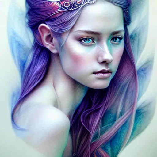 Image similar to hyper realistic pencil drawing of a fantasy princess, muted water color, full portrait, detailed, rim light, diffused, intricate, by anna dittmann