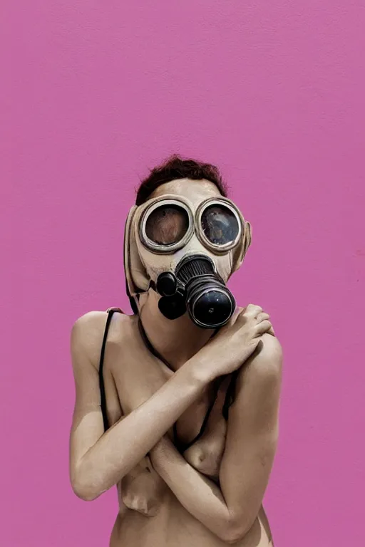 Image similar to a surreal portrait of intertwined and contorted figures wearing gas mask next to a pink wall in the style of brooke didonato, editorial fashion photography from vogue magazine, full shot, nikon d 8 1 0, ƒ / 2. 5, focal length : 8 5. 0 mm, exposure time : 1 / 8 0 0, iso : 2 0 0